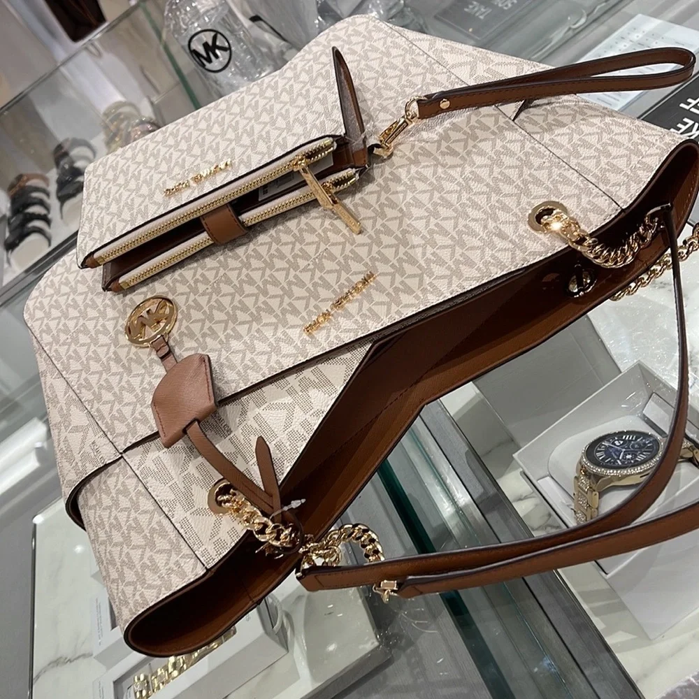 MICHAEL KORS LARGE X CHAIN SHOULDER TOTE  &  LARGE DOUBLE ZIP WALLET WRISTLET